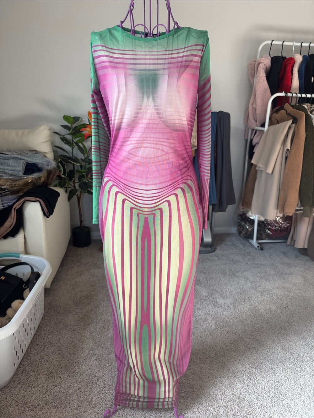 Fashion Nova Long Sleeve Pink & Mint Maxi Dress